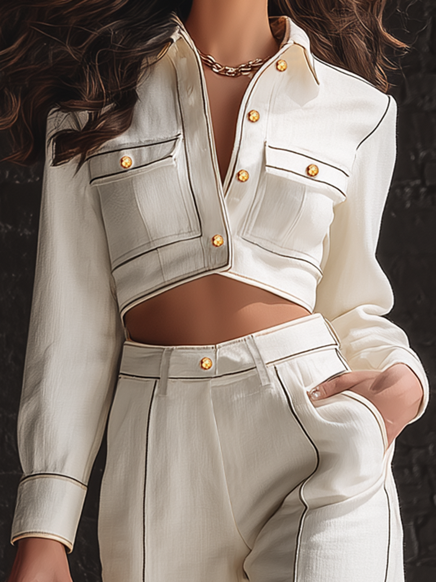 Retro-style Loose-fitting  Front Buttons Workwear Jacket  And Black-trimmed Trousers White Denim Set