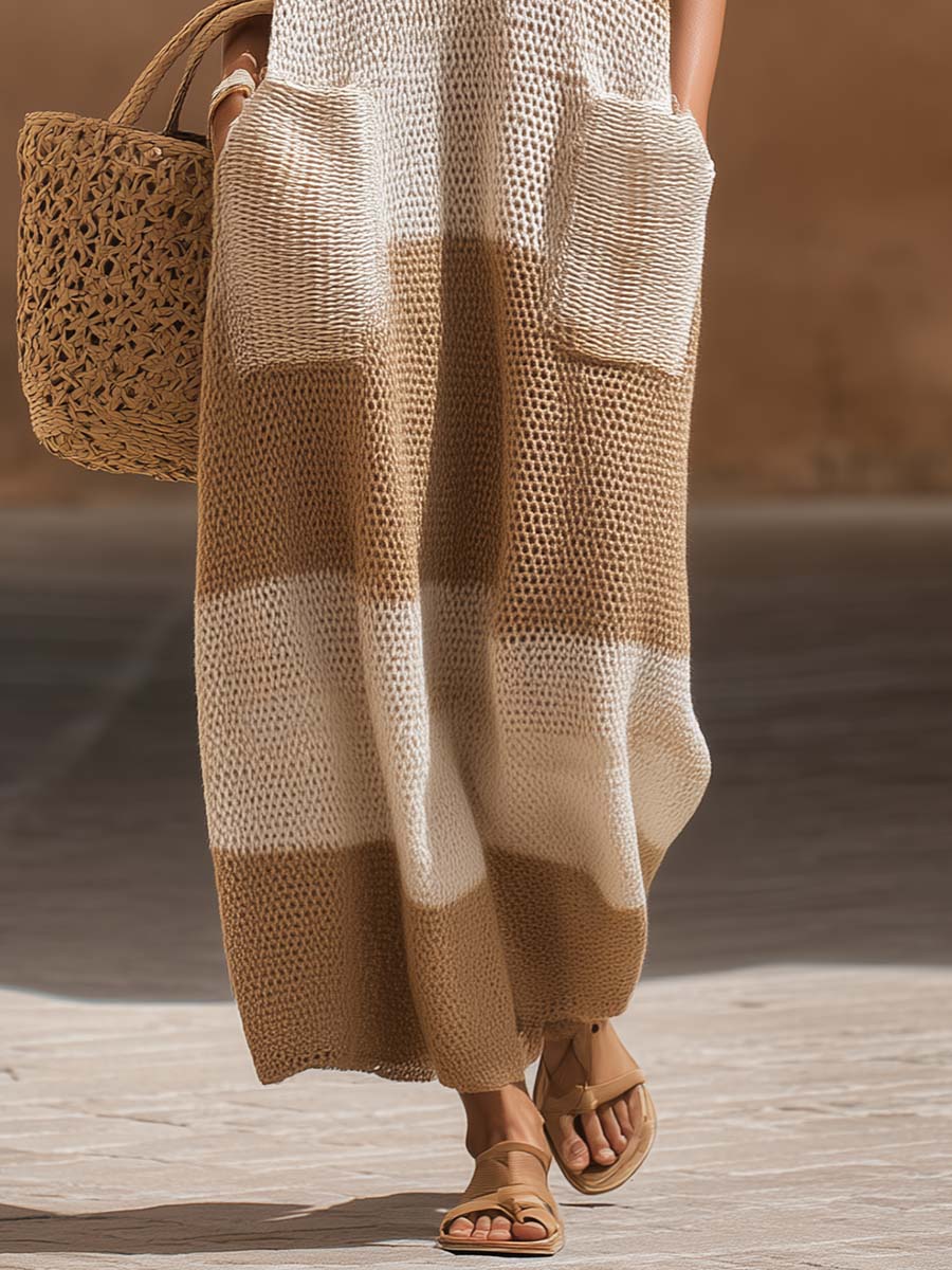 Casual And Breathable Light Brown And White Color-blocked Openwork Knit Maxi Dress
