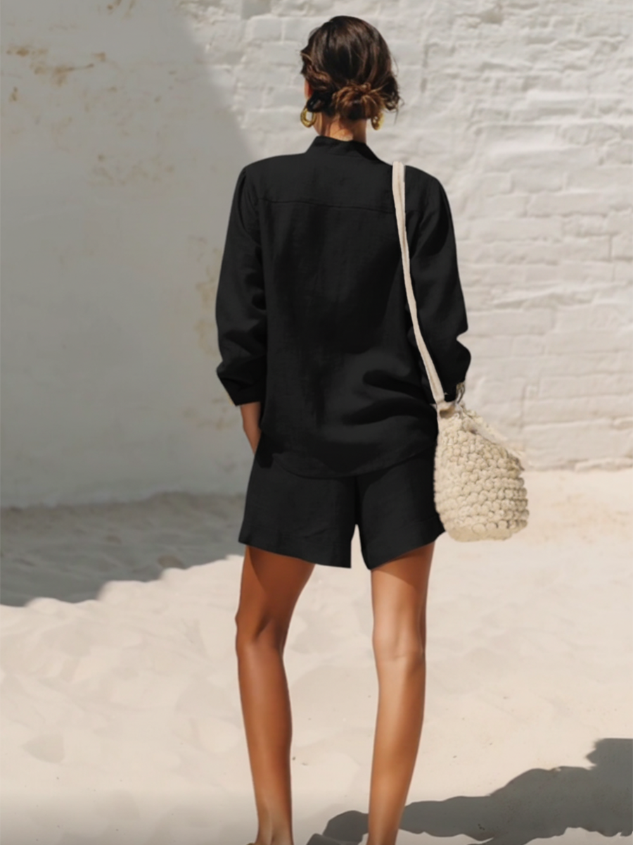 Casual Blue Cotton And Linen V-neck Top And Wide Leg Shorts Set