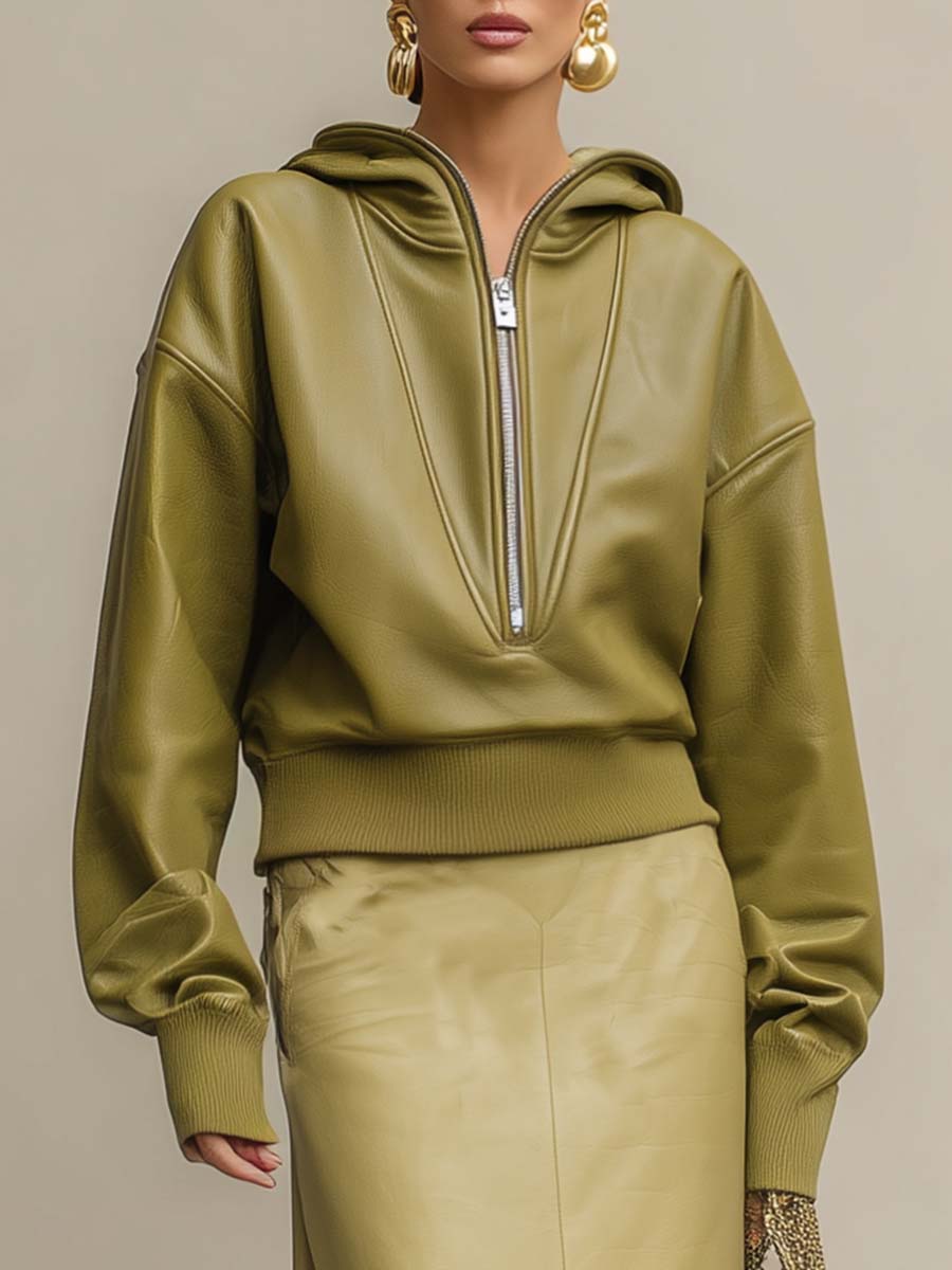 Temperament And Fashion Front Zipper Fruit Green Eco-friendly Leather Hoodie