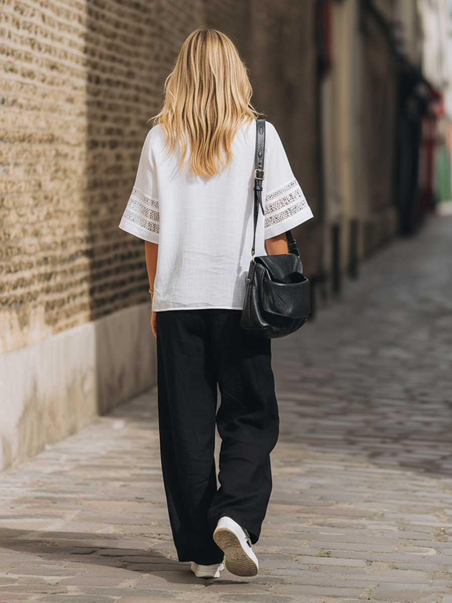 Casual White Cotton Linen V-Neck Short Sleeve Top And Black Wide Leg Pants Set