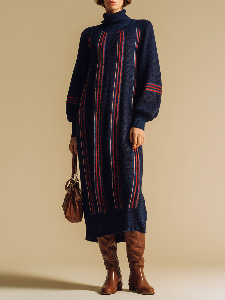 Retro And Fashionable Red Vertical Stripes Dark Blue Knitted Maxi Dress