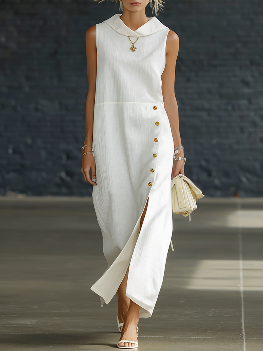 Stylish Simple Loose-fitting Sleeveless Turtleneck Side Slits Gold Buttons White Cotton Maxi Dress