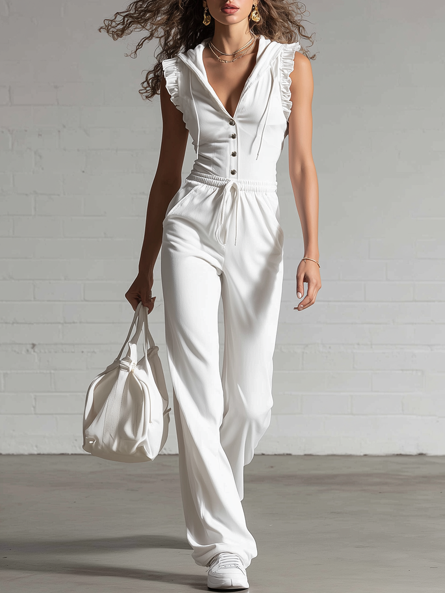 Sporty White Knitted Hooded Short Sleeved Top With Buttons And Ruffle Details And Wide Leg Pants Set