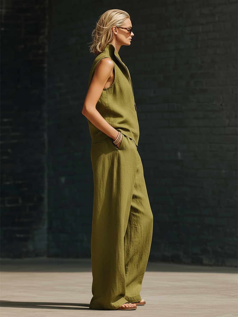 Retro-style Sleeveless Collared Front-zip Top And Wide-leg Pants Green Cotton-linen Set