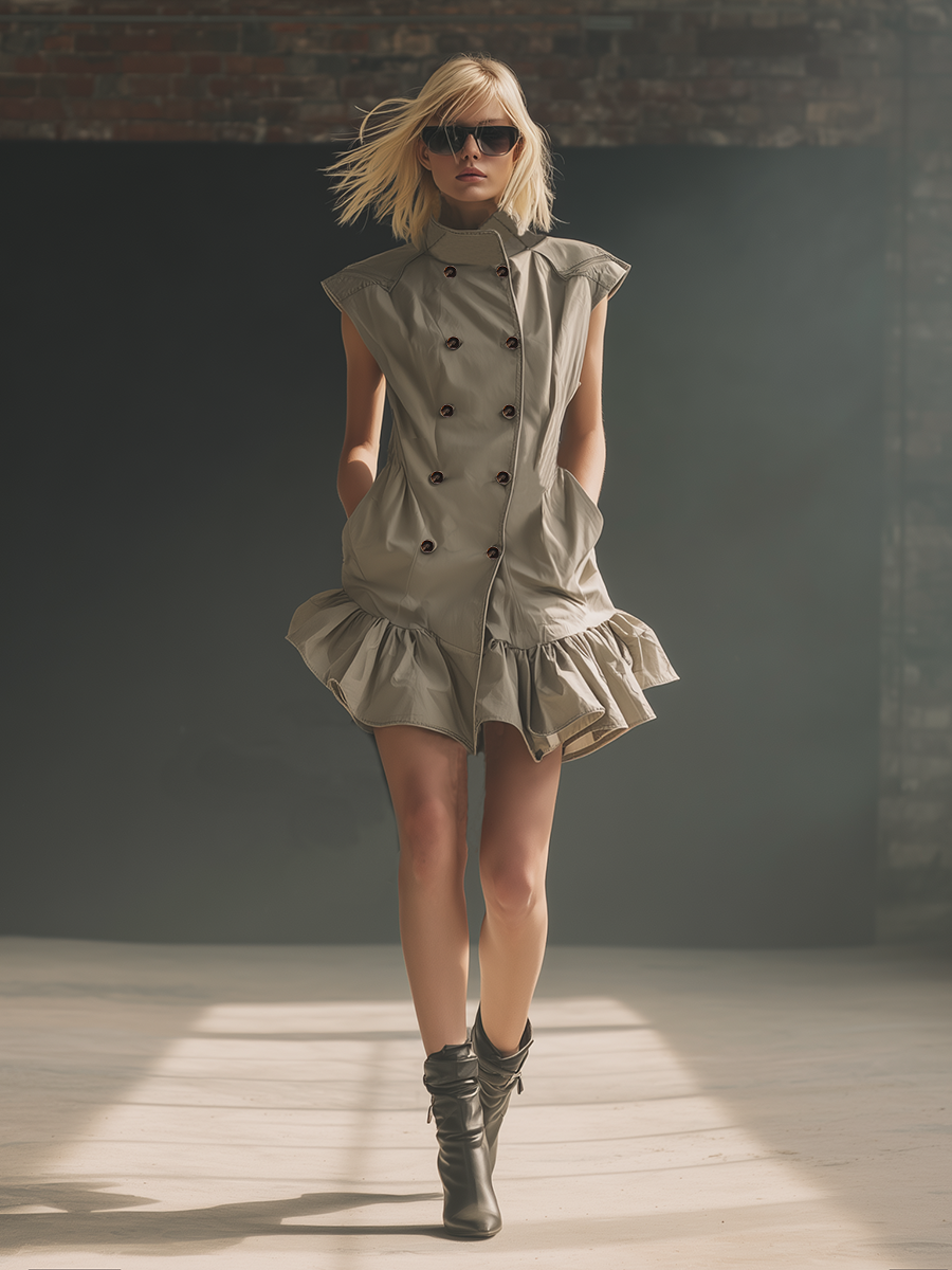 Stylish Simple Sleeveless High-neck Double-breasted Ruffled Hem Gray Mini Dress