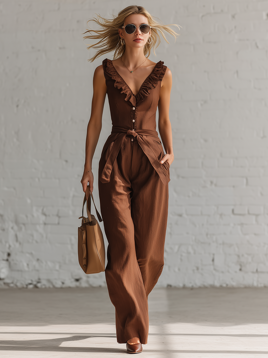 Retro-style Loose-fitting Sleeveless Ruffled Straps Front Button Closure Brown Cotton Jumpsuit
