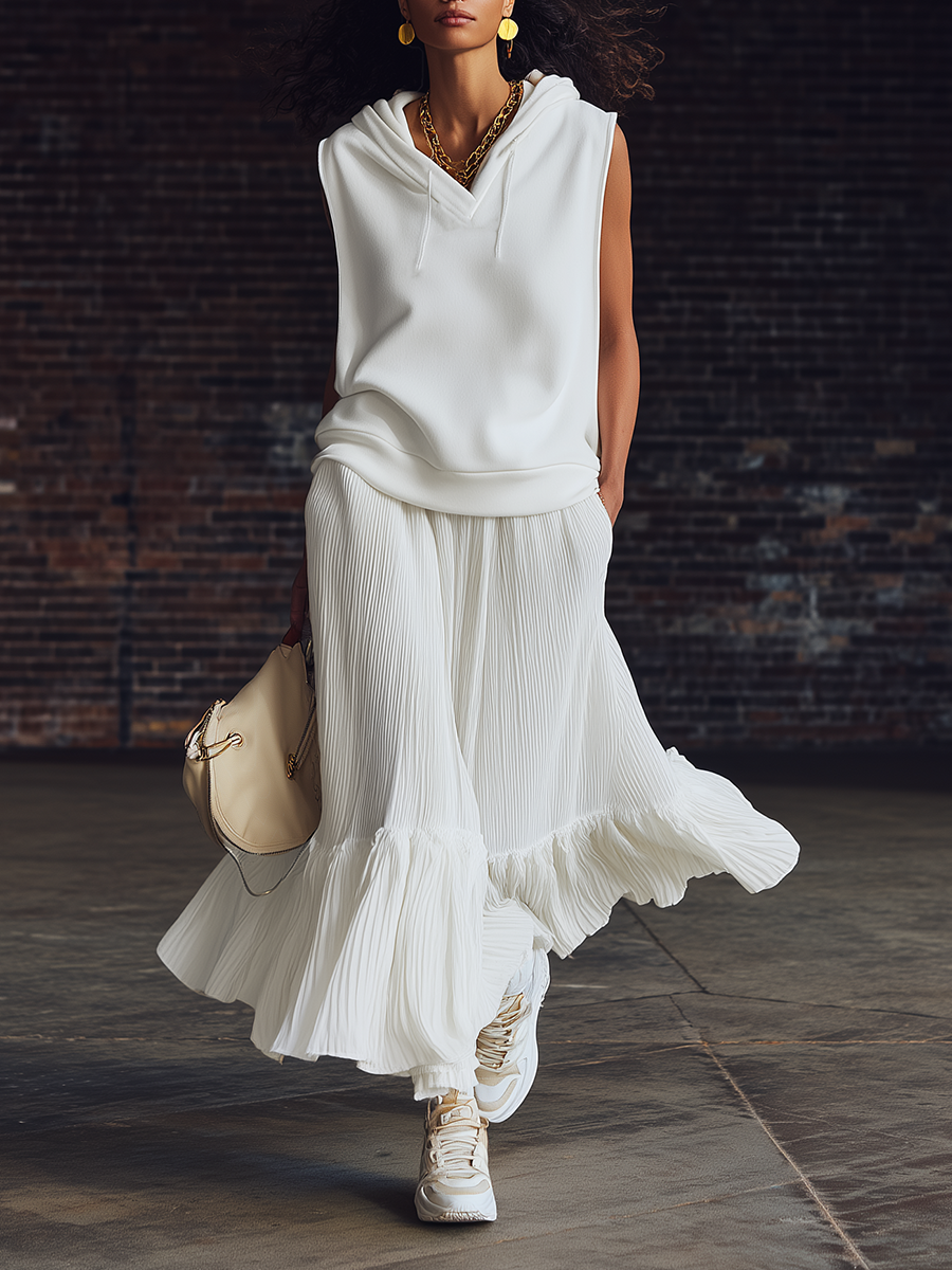 Sporty Casual Style White Knit Sleeveless Hooded Top And Chiffon Pleated Skirt Set