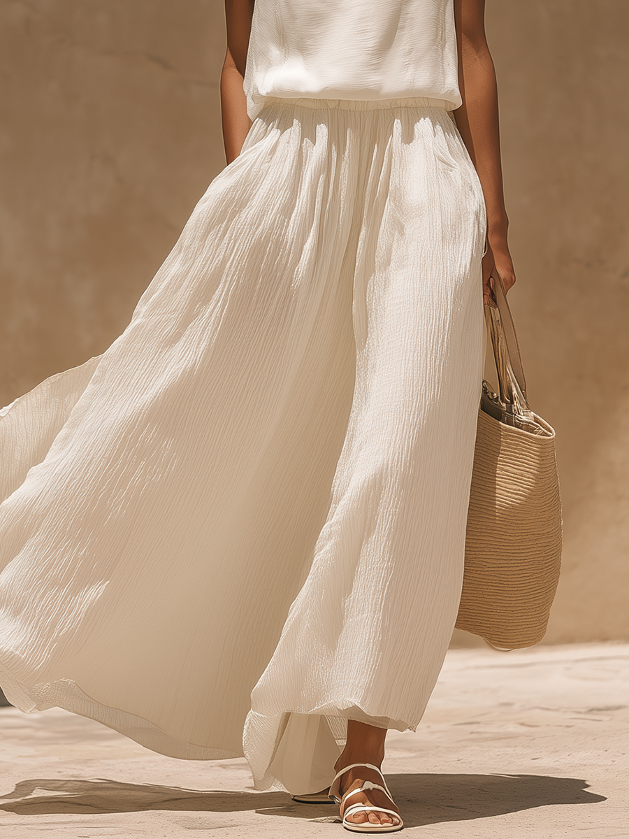 Stylish Simple Loose-fitting Sleeveless Round-neck Top And Pleated Long Skirt White Chiffon Set