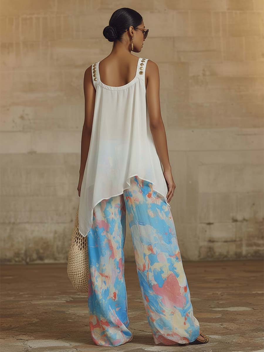 Retro Casual Urban Style White Chiffon Camisole Top And Watercolor Tie-dye Print Pants Set