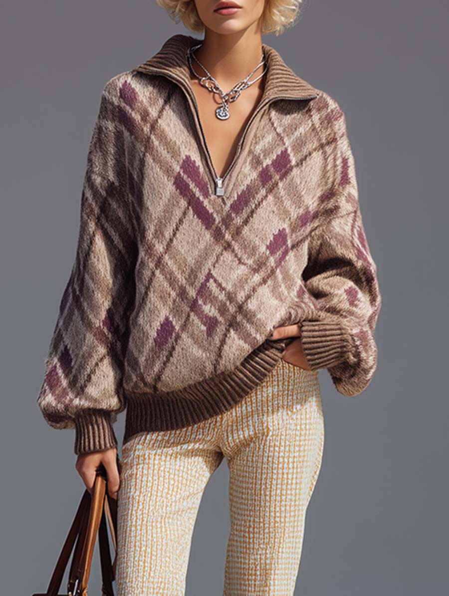 Retro Casual Diamond Pattern Purple Pullover Sweater