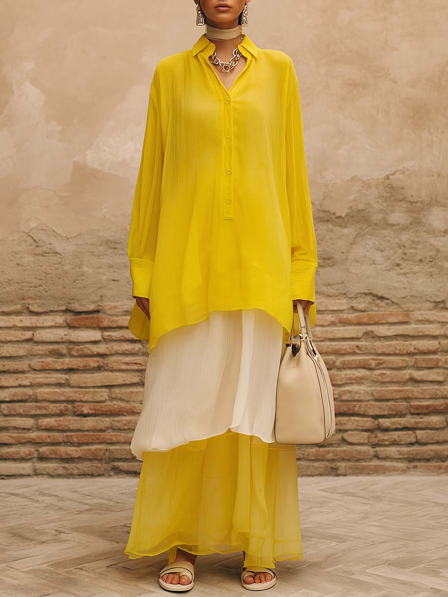 Elegant And Casual Yellow Chiffon Blouse And Double-layered Long Skirt Set