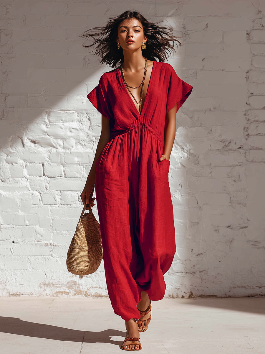 Red Cotton And Linen Batwing Sleeve V-neck With Elastic Waistband Jumpsuit