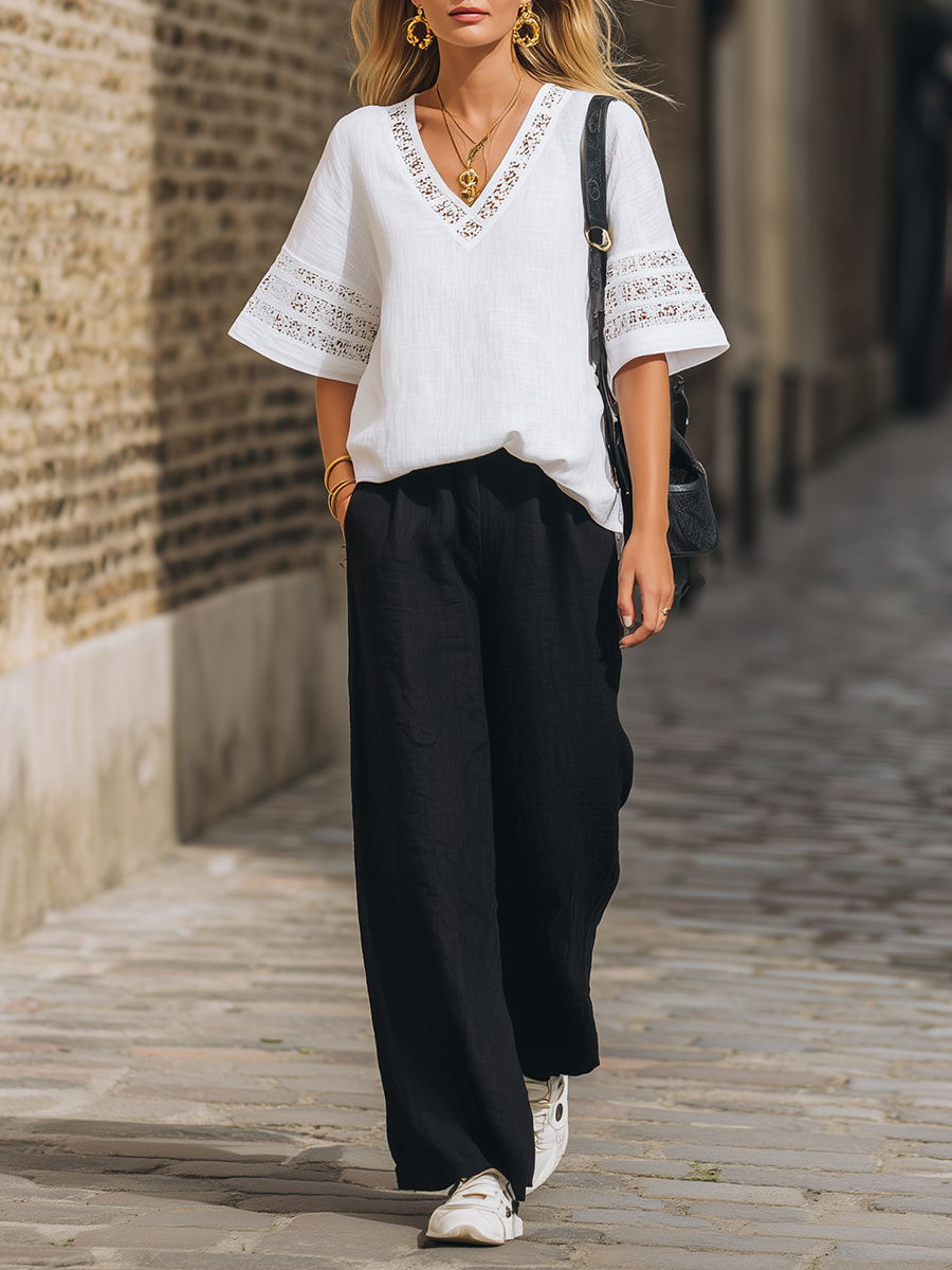 Casual White Cotton Linen V-Neck Short Sleeve Top And Black Wide Leg Pants Set