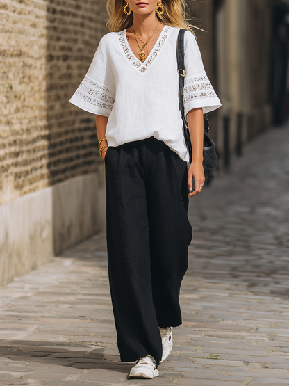Casual White Cotton Linen V-Neck Short Sleeve Top And Black Wide Leg Pants Set