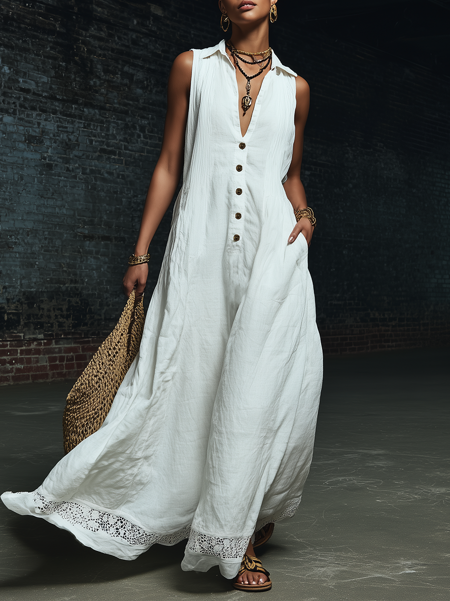Bohemian Style White Cotton And Linen Blend Sleeveless With Lace Detailing Maxi Dress