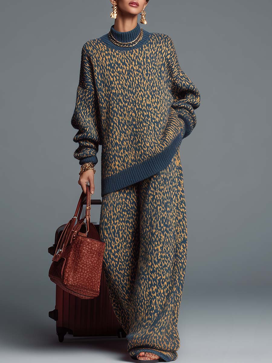 Premium Comfort Vintage Turtleneck Blue And Yellow Leopard Print Knitted Long Top And Pants Set