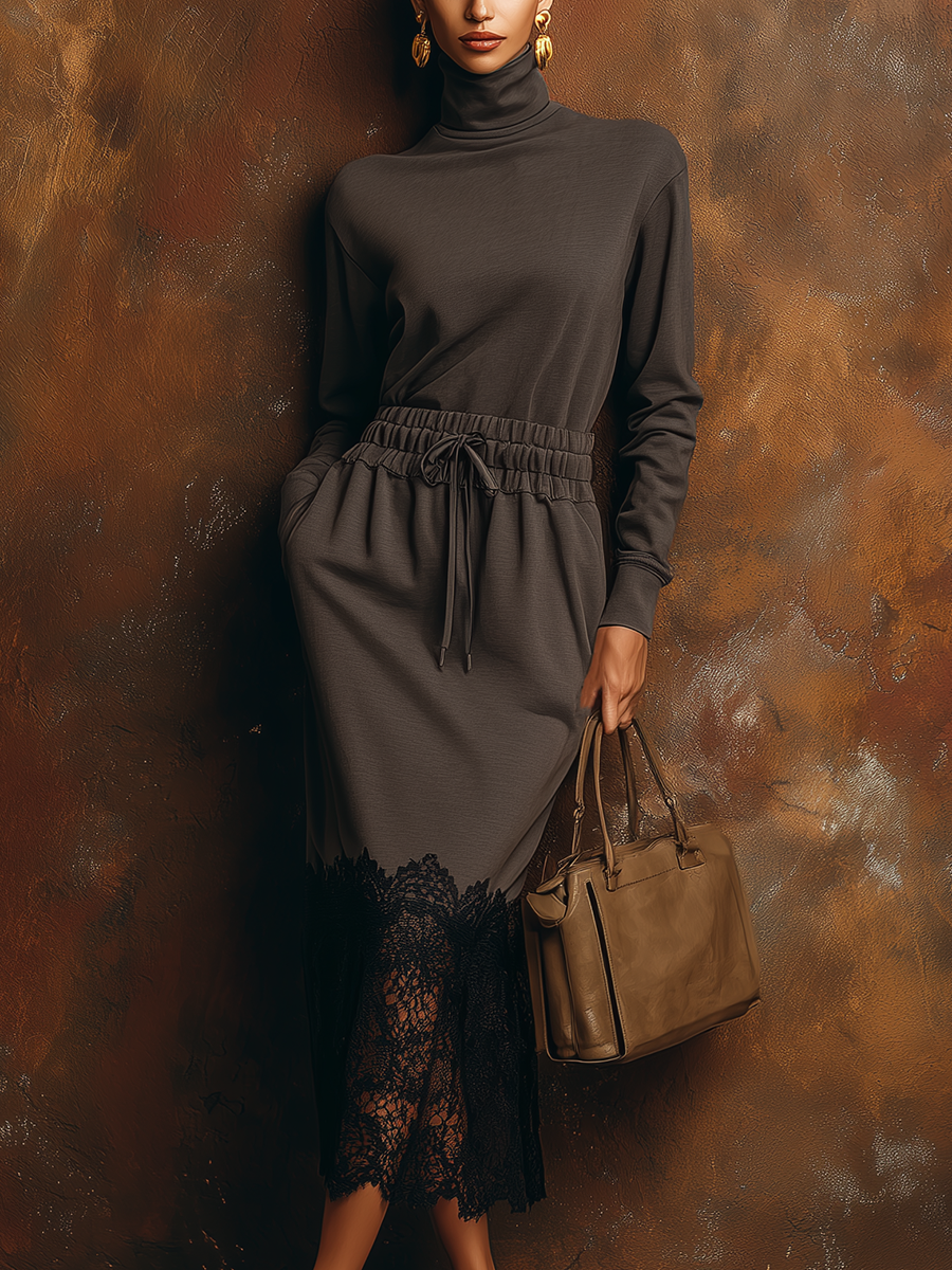 Sporty Retro Urban Knit Brown Turtleneck Top And Lace-trimmed Skirt Set