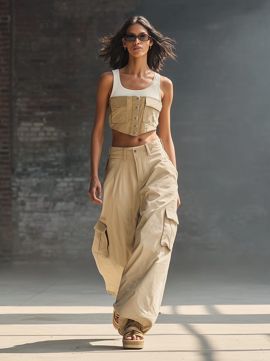 Retro-style Loose-fitting Sleeveless Patchwork Front Buttons Pockets Crop Top And Wide-leg Cargo Pants Faux Denim Set