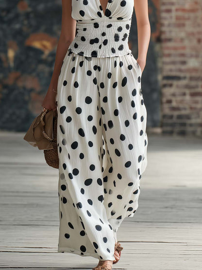 Retro-chic Polka Dot Print White Chiffon V-neck Top And Trousers Set