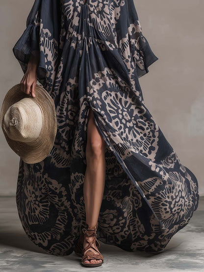 Elegant And Flowing Retro Print V-neck Dark Blue Chiffon Slit Maxi Dress