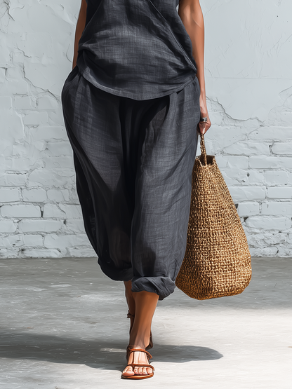 Casual Grey Linen Wrap Front Sleeveless Top And Wide Leg Pants Set