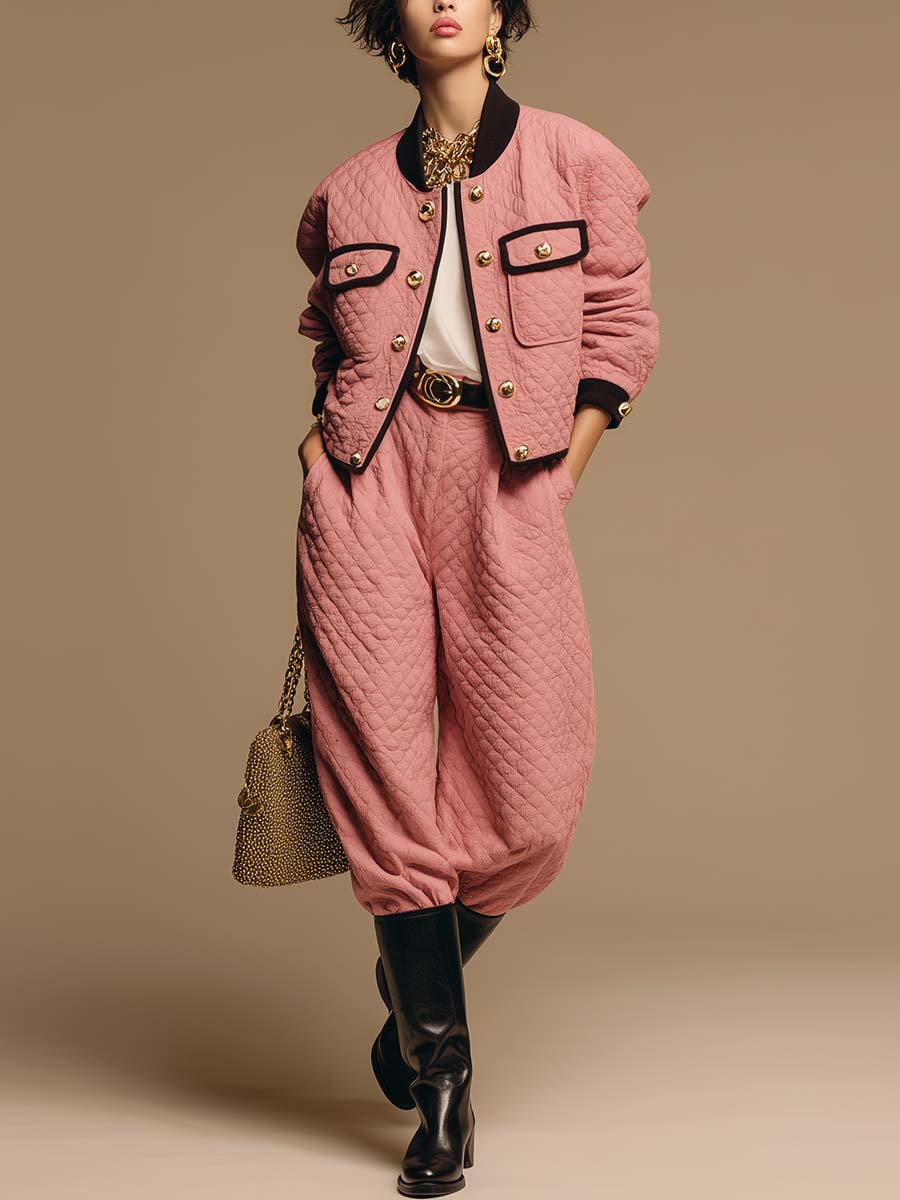 Exquisite Casual Retro Versatile Pink Quilted Cotton Front Button Baseball Jacket And Pants Set