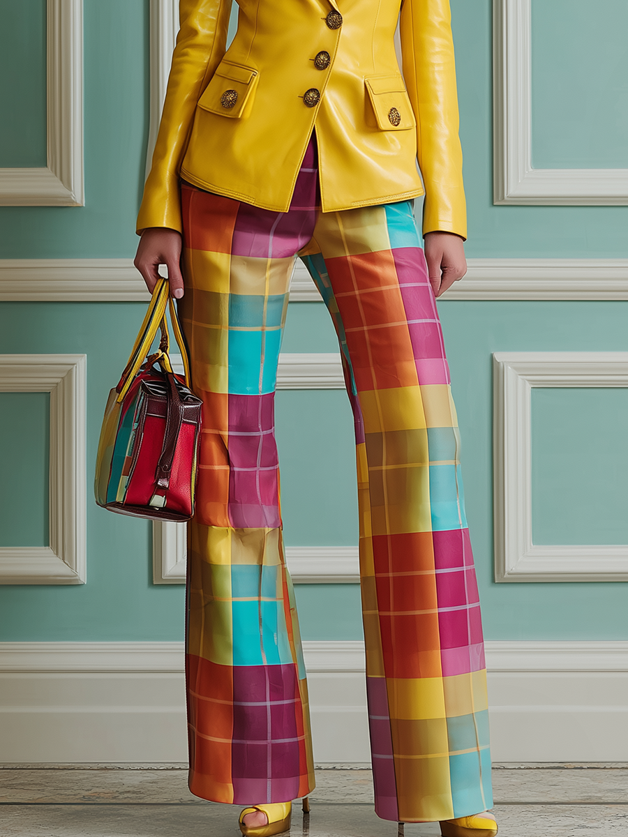 Retro Fashion Versatile Colorful Plaid Print Satin Straight Leg Pants