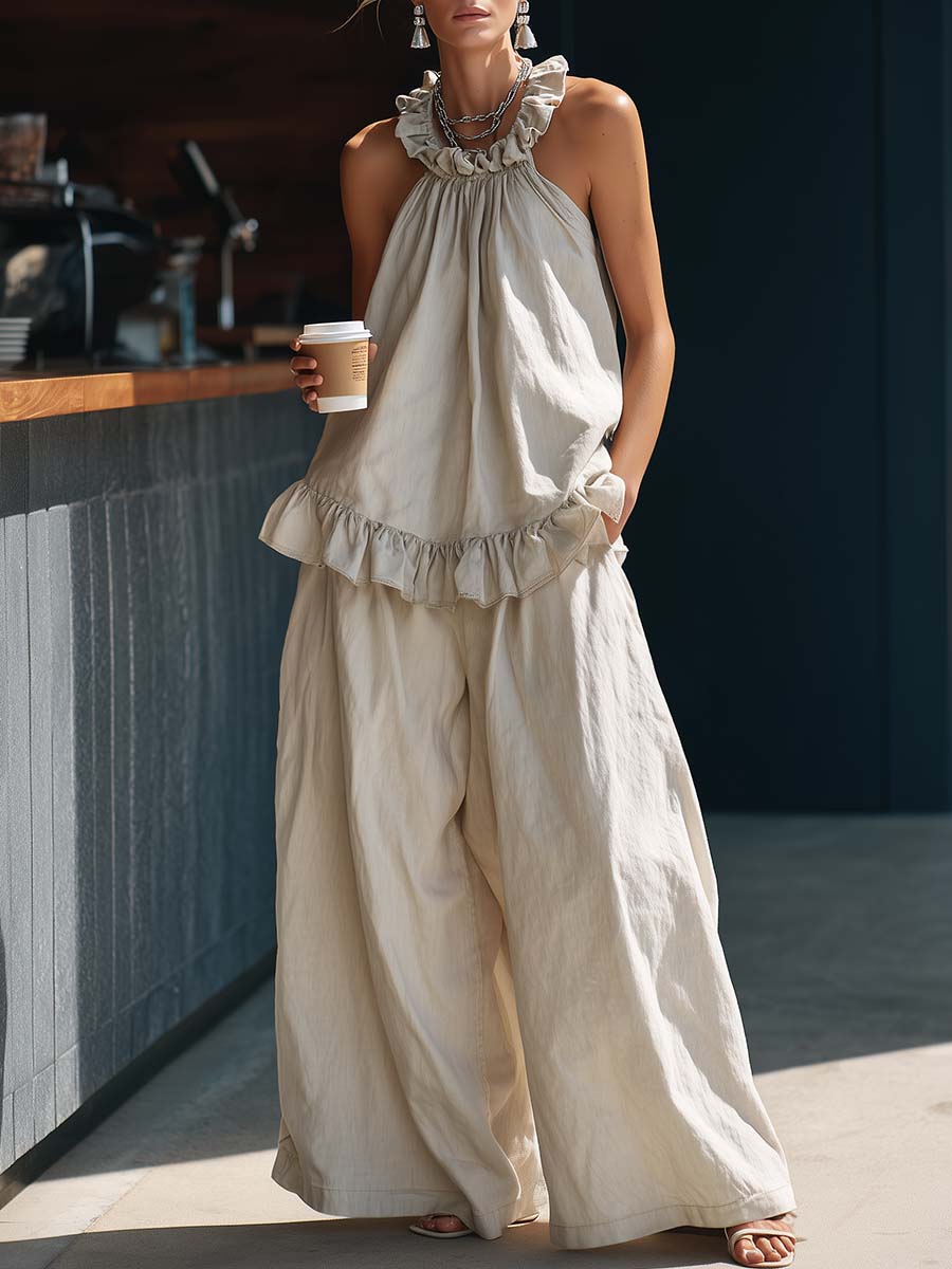 Casual Retro Urban Beige Cotton Linen Top And Pants Set