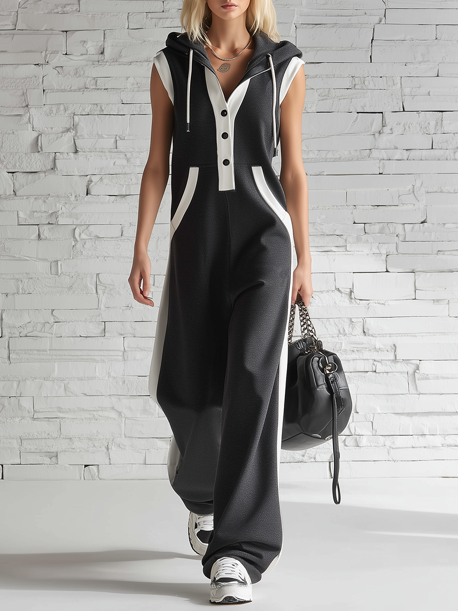 Sporty Black  White Color Block Knitted Sleeveless Hooded Jumpsuit