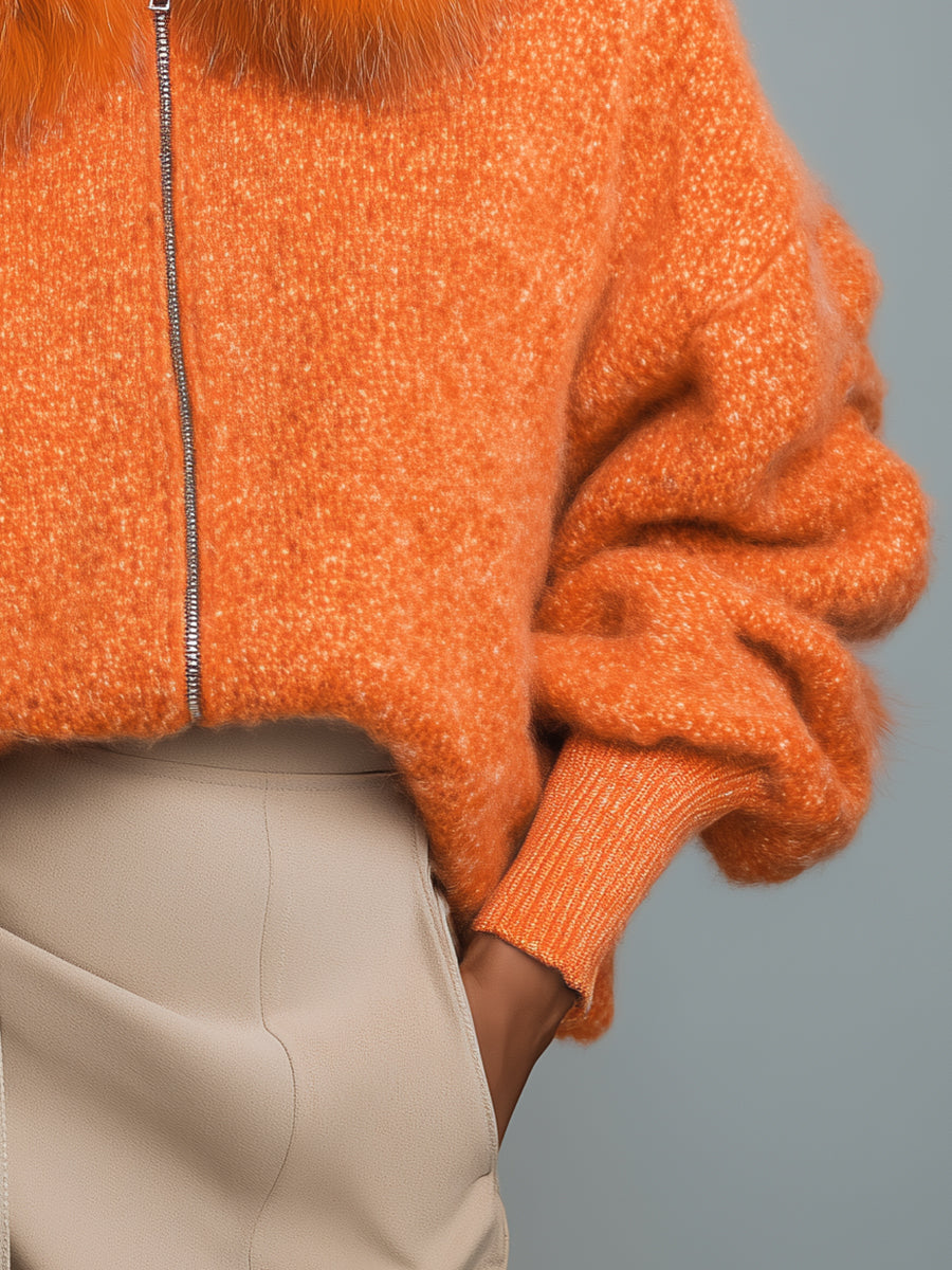 Casual Loose Faux Fur Collar Orange Zipper Front Cardigan