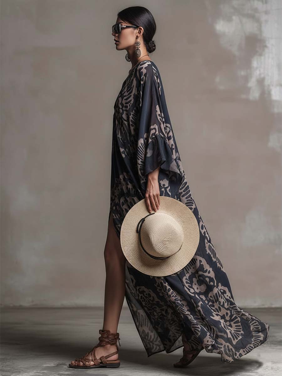 Elegant And Flowing Retro Print V-neck Dark Blue Chiffon Slit Maxi Dress