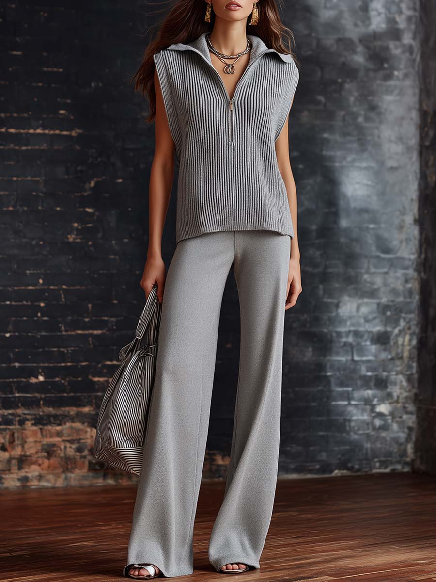 Casual Fashion Urban Style Gray Knitted Lapel Front Zipper Top And Pants Set