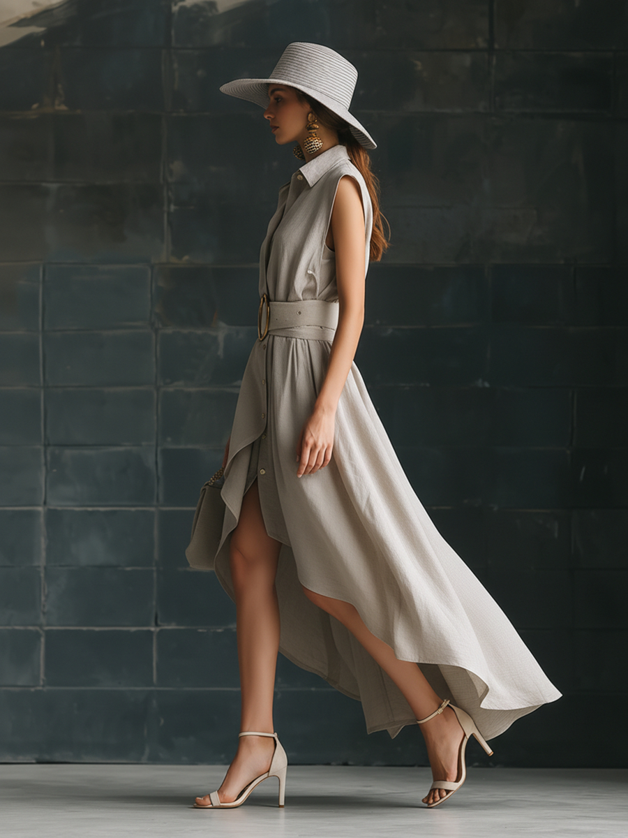 Stylish Simple Sleeveless Turn-down Collar Front Button Round Waist Belt Uneven Hem Gray Cotton Midi Dress