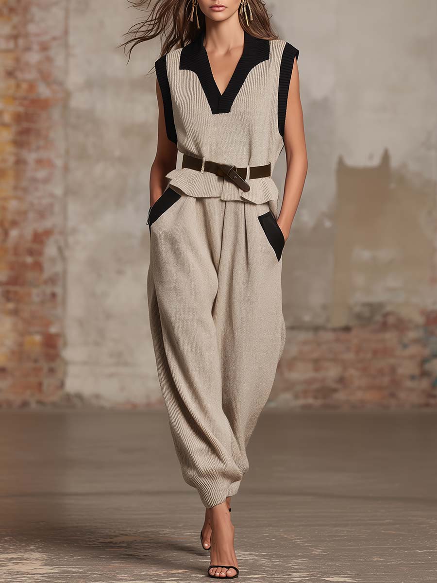 Casual Urban Black Trim Beige Knitted V-neck Sleeveless Top And Pants Set