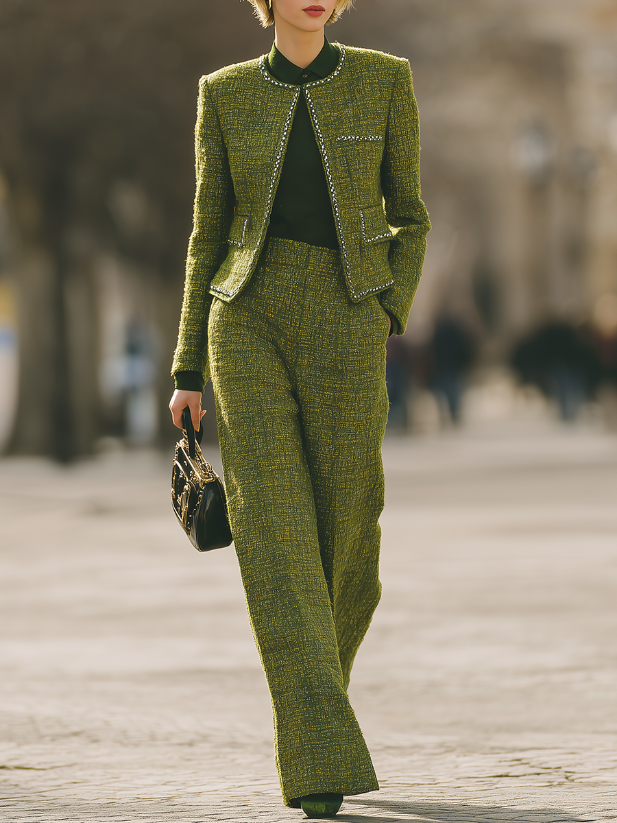 Elegant Round-neck Tweed Jacket And Wide-leg Pants Set