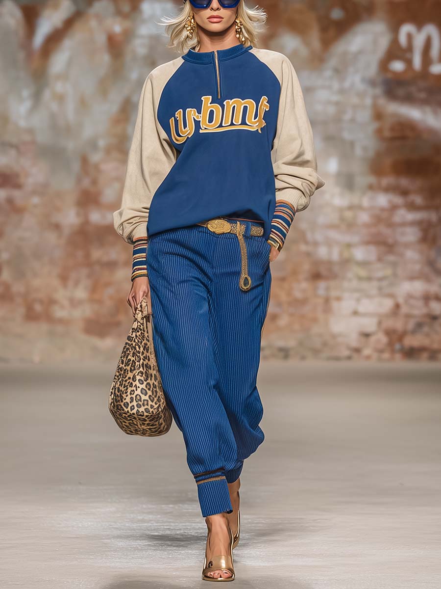 Vintage Street Sports Beige And Blue Contrast Cotton Sweatshirt And Blue Corduroy Pants Set