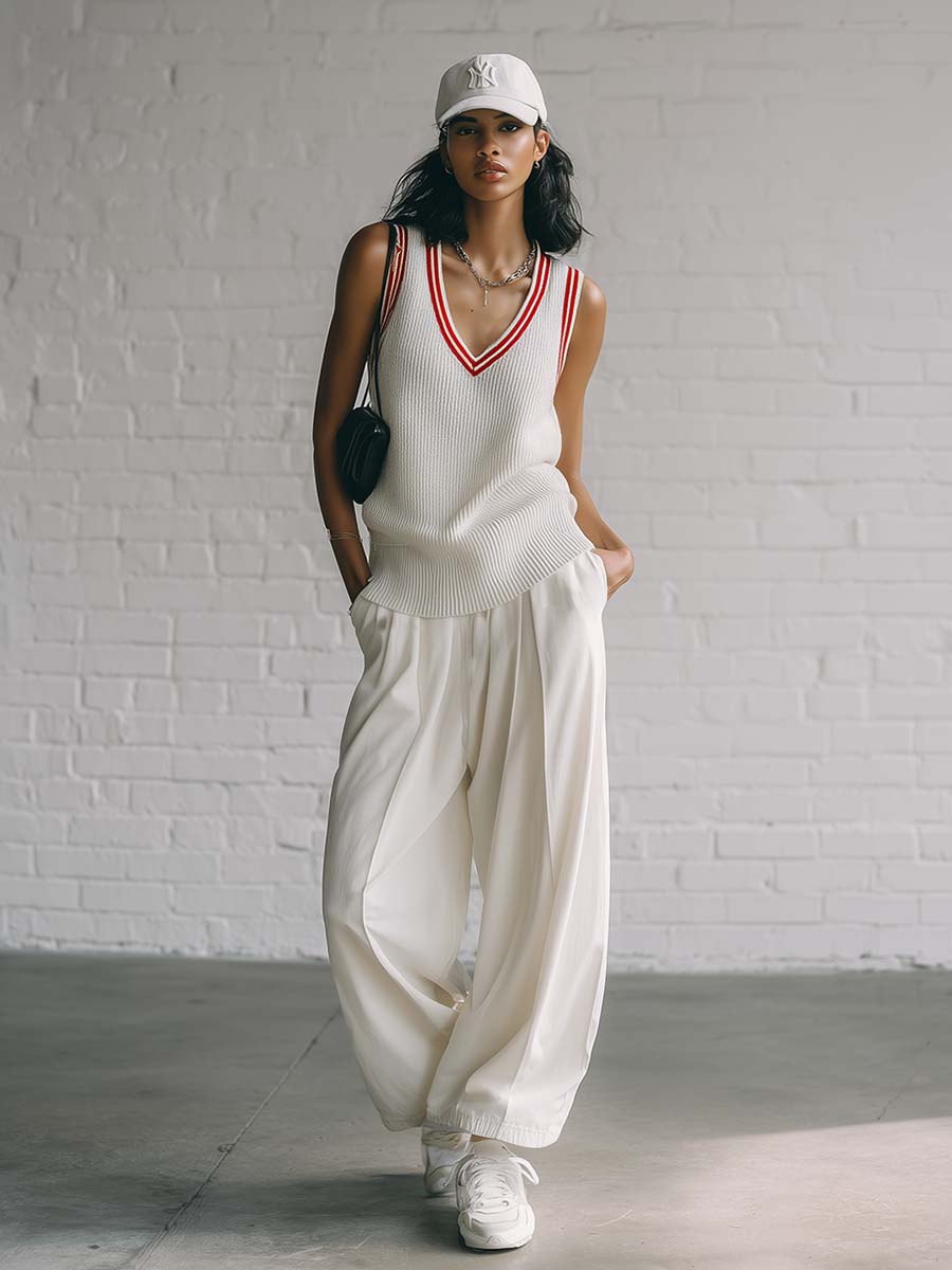 Casual Fashion Nautical Sporty White V-neck Knitted Vest And Cotton Pants Set