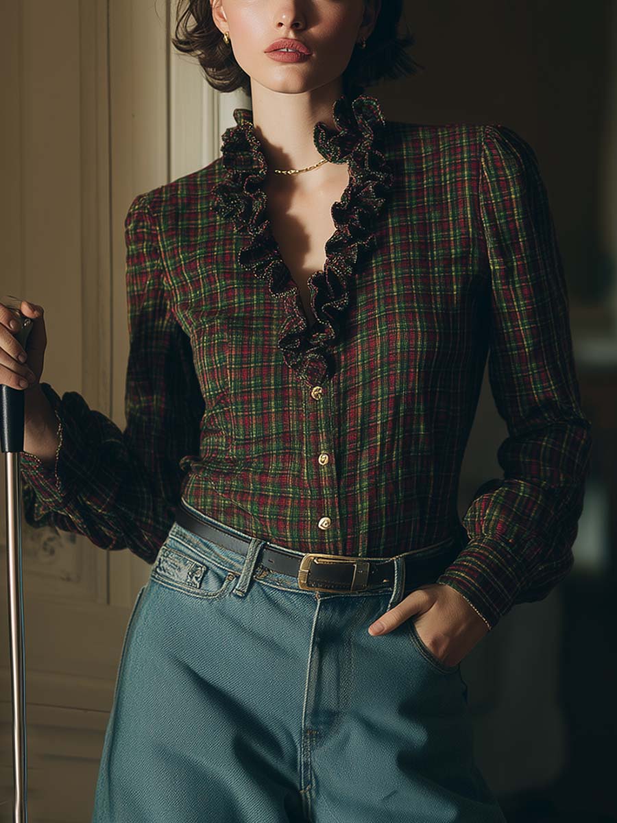 Exquisite Retro Lotus Leaf V-neck Front Button-down Red And Green Contrast Small Checkered Shirt