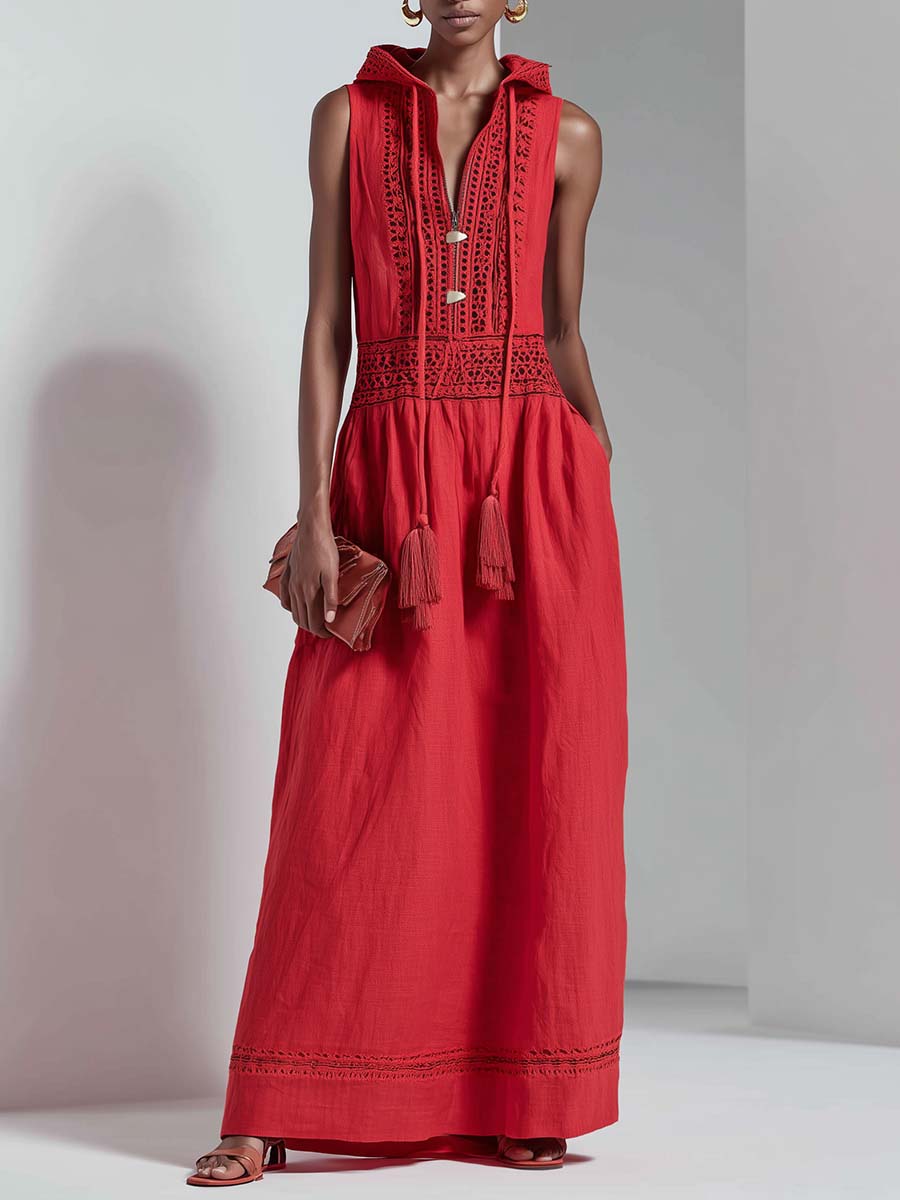 Vintage Fashion Vacation Hooded V-neck Lace Splicing Red Cotton And Linen Maxi Dress