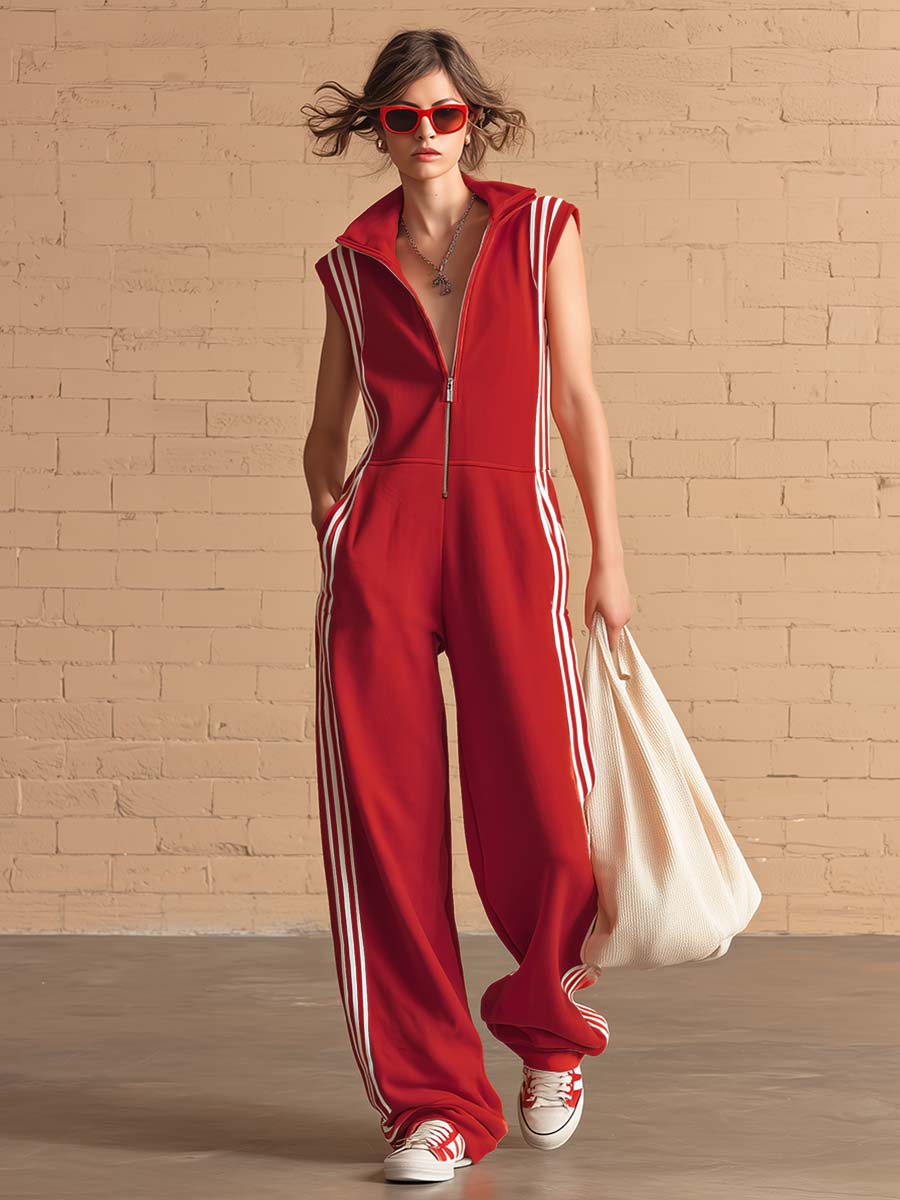 Casual Sporty Lapel Front Zipper White Striped Trim Red Cotton Jumpsuit
