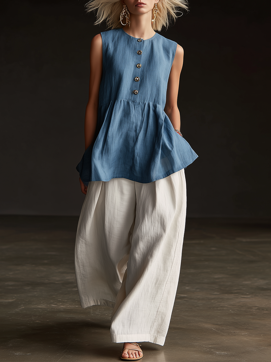 Casual Blue Cotton Linen Sleeveless Top And White Wide Leg Pants Set