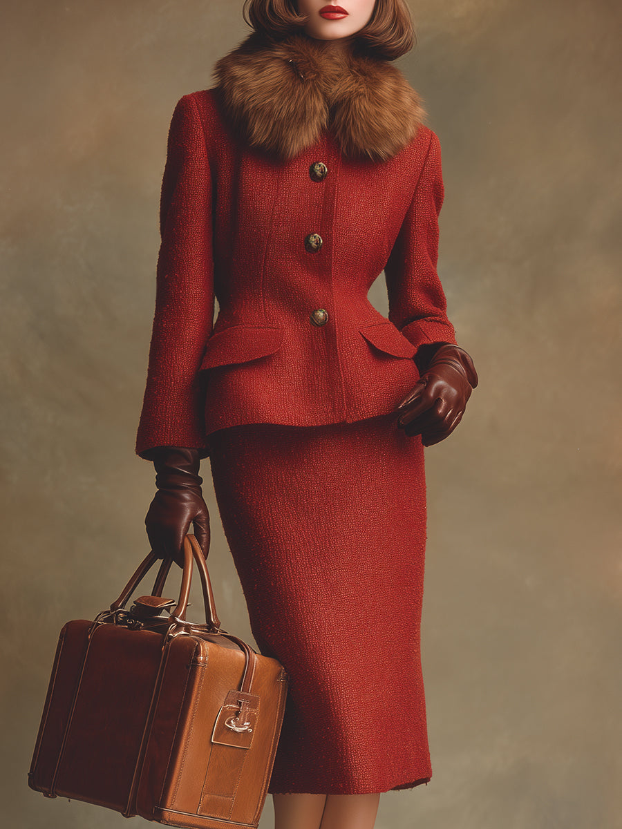 High-end Fashionable Faux Fur Collar Red Tweed Jacket And Skirt Suit