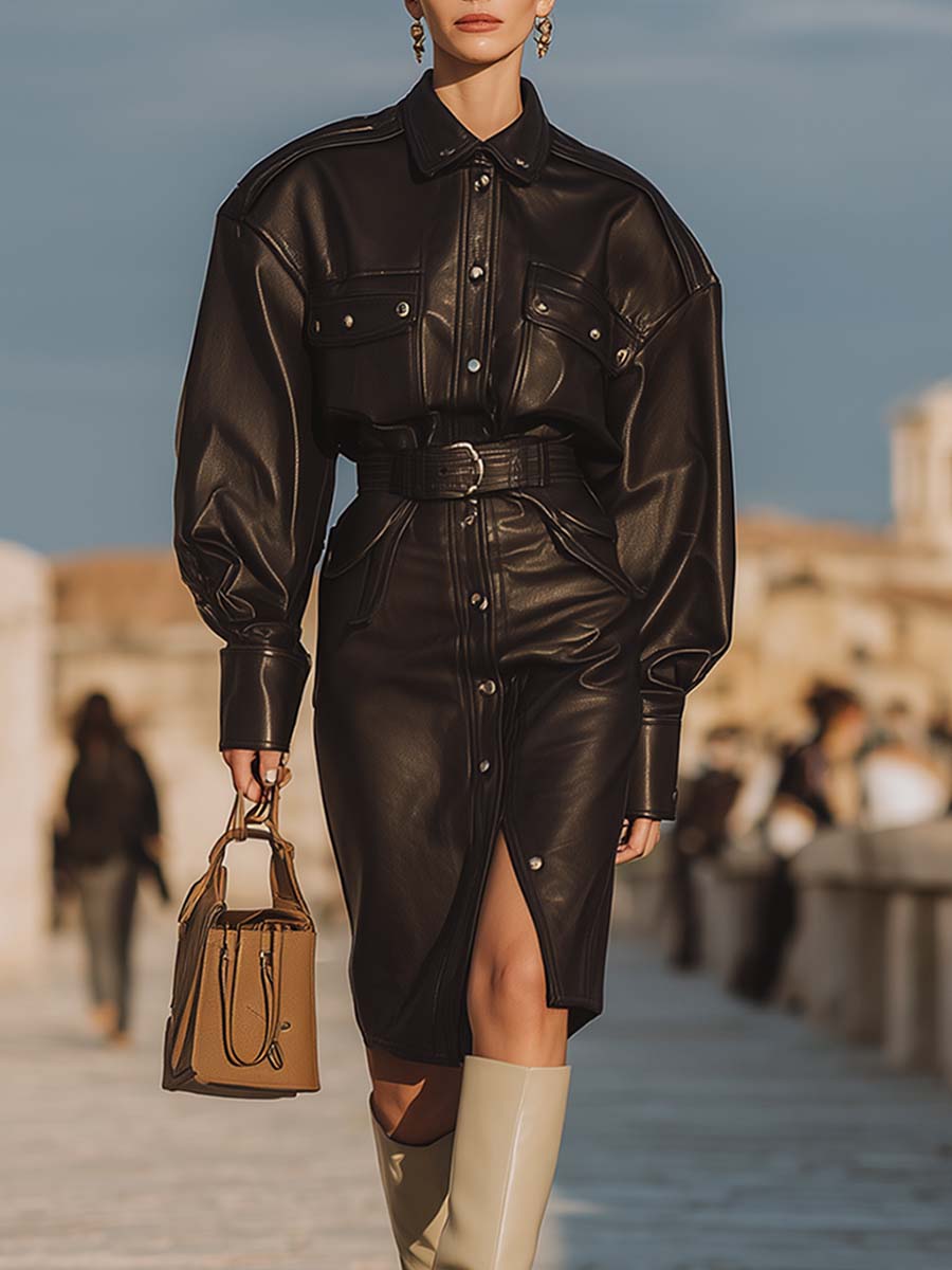 Temperament Retro Fashion Wide Shoulder Front Button Black Imitation Leather Midi Dress