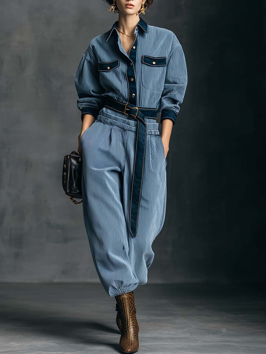 Temperamental And Fashionable Retro Dark Blue Satin Trim Light Blue Wick Front Button Top And Pants Set
