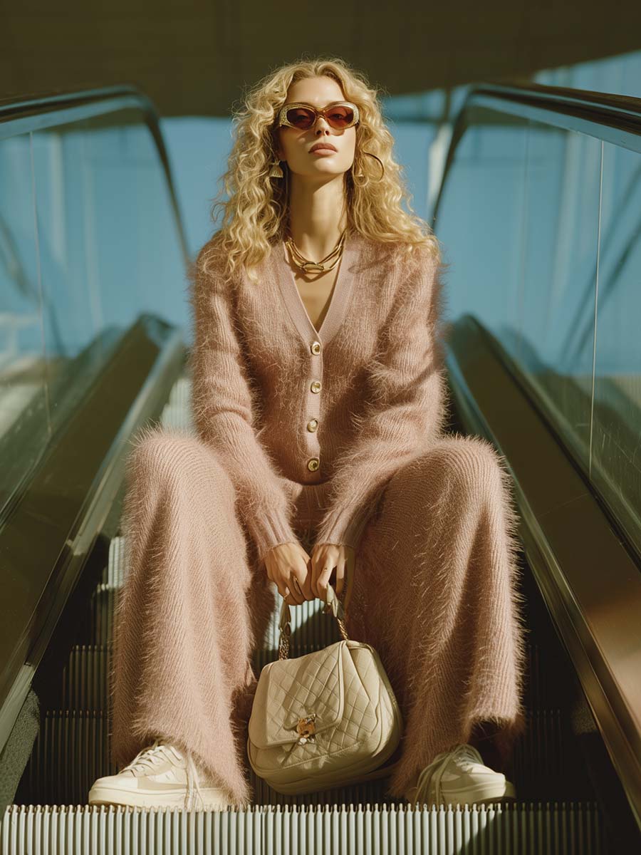 Vintage Fashion Light Pink Faux Fur Effect Knitted V-neck Button-front Top And Pants Set