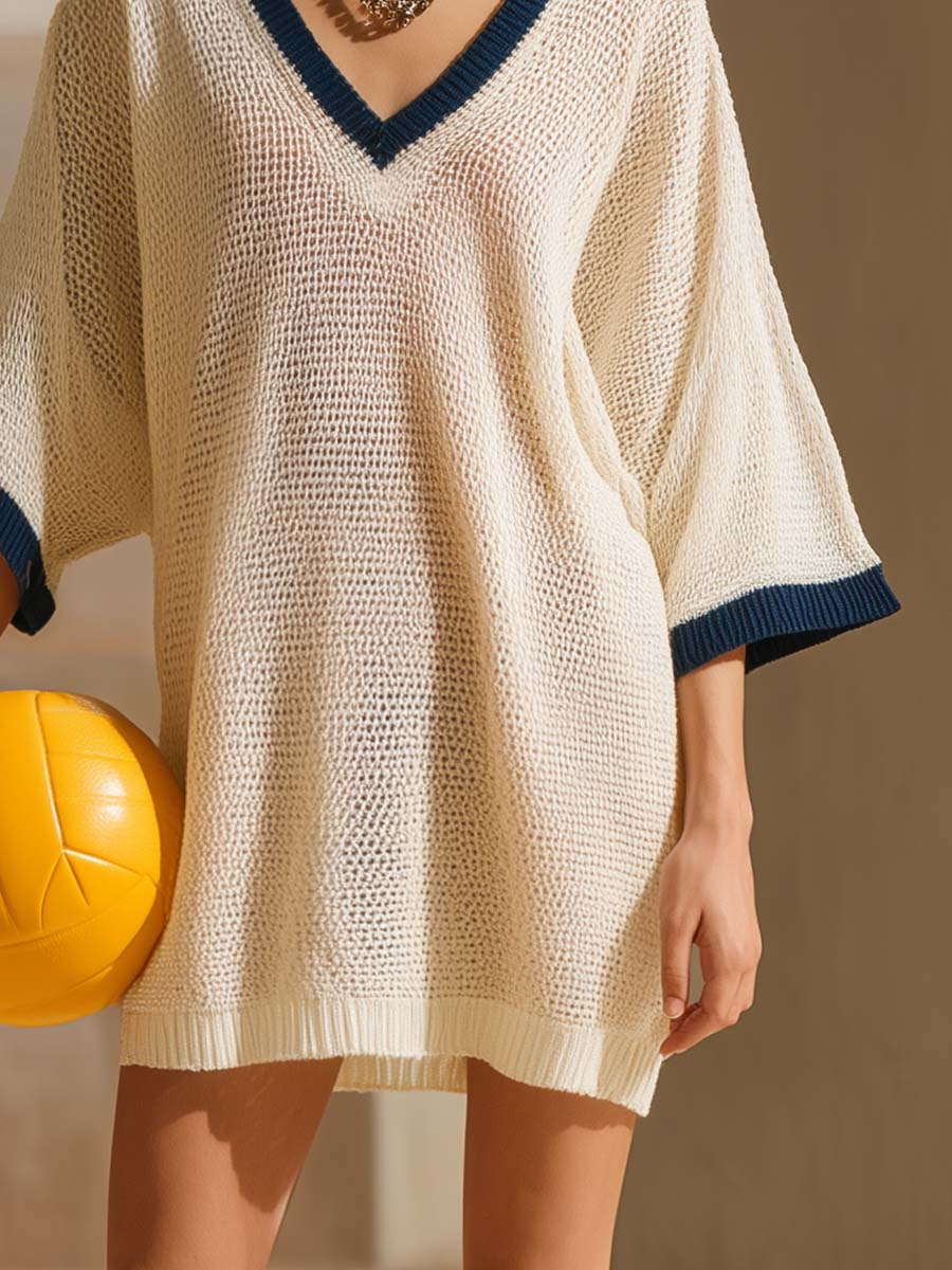 Comfortable And Breathable V-neck Short-sleeved Off-white Openwork Knit Mini Dress