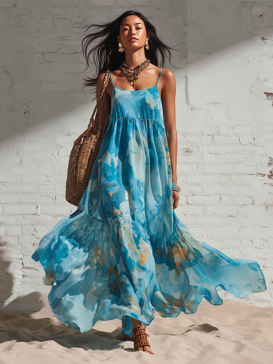 Vacation Style Blue Chiffon Strappy Printed Maxi Dress