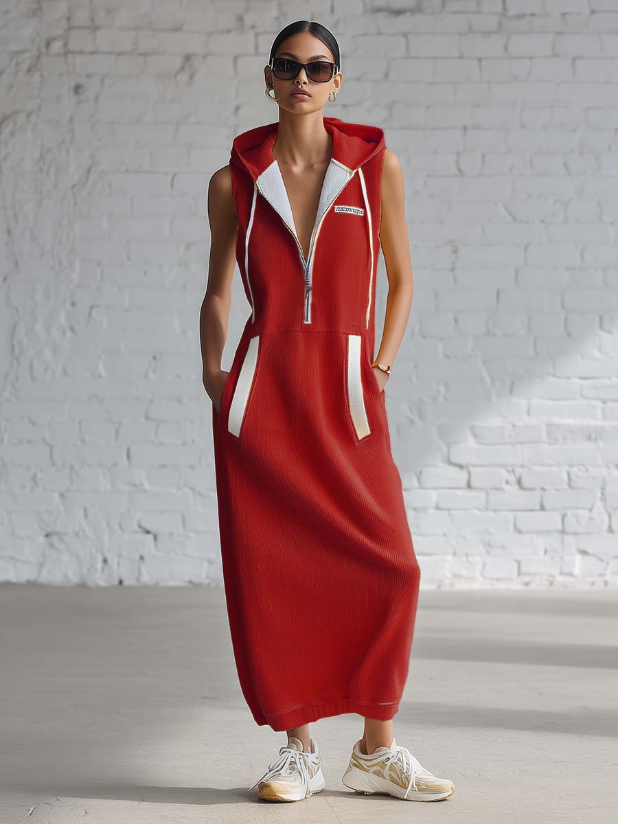 Casual Fashion Retro Hooded V-neck Front Zip Red Knitted Midi Dress