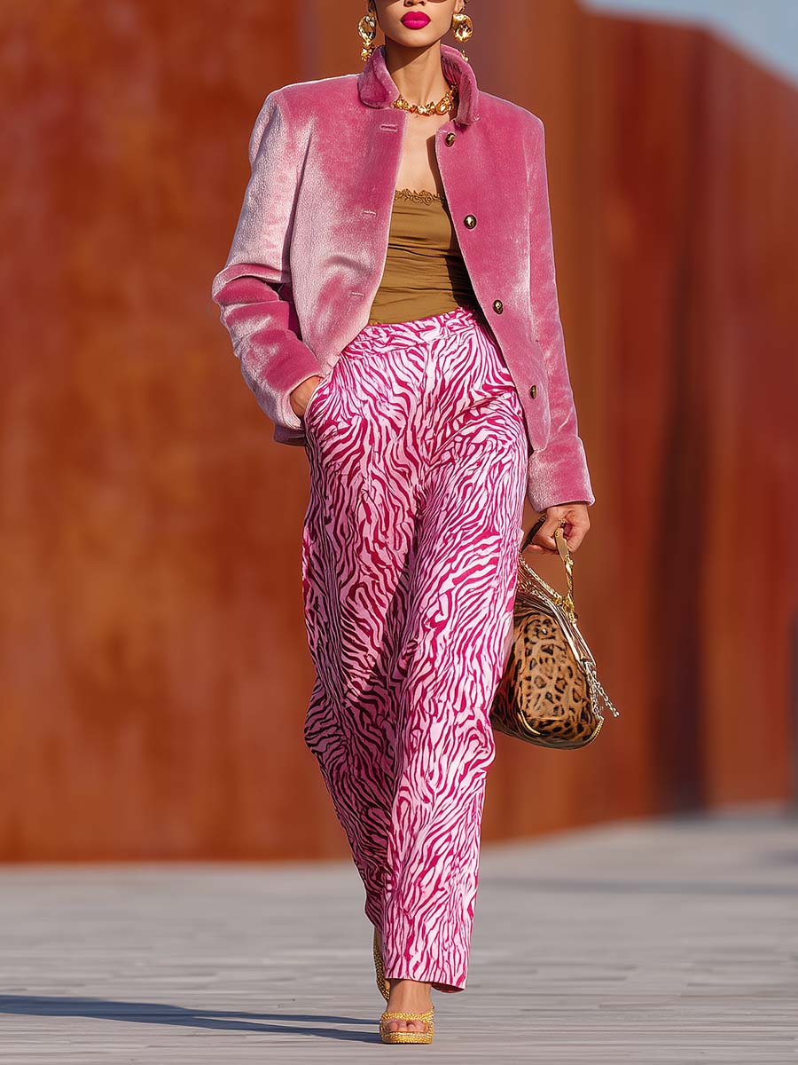 Retro Personality Fashion Pink Velvet Stand Collar Front Button Jacket And Tiger Print Trousers